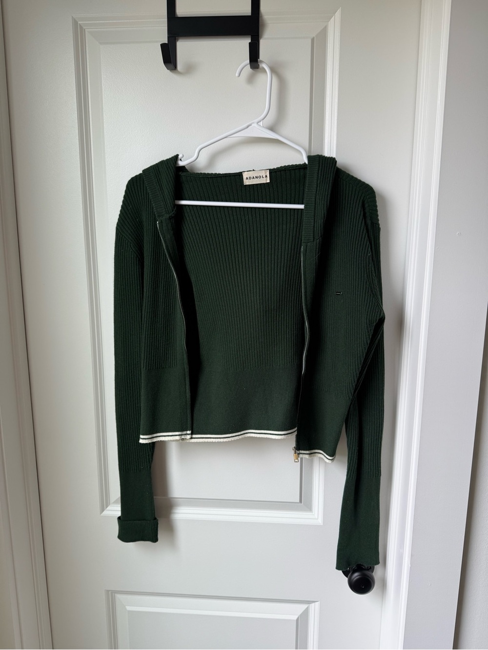 Adanola Dark Green Ribbed Zip Hoodie Cardigan with Contrast Hem
